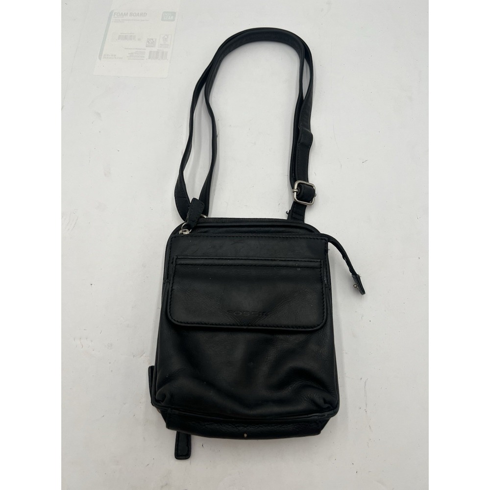 Fossil Black Leather Crossbody Organizer Bag Multi Pocket Adjustable Strap